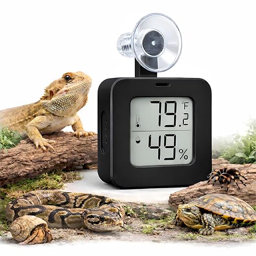 Suction Cup Reptile Thermometer Hygrometer,Large Screen °F/°C Temp&Humidity Gauge for Terrarium Tank Enclosure,Strong Hold,for Gecko,Bearded Dragon,Snake,Tortoise,Hermit Crab,Jumping Spider (1 Black)