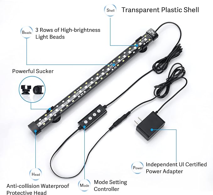 hygger 24/7 Mode Submersible Aquarium LED Light, Full Spectrum Hidden Fish Tank Light with 3 Rows Beads 7 Colors Auto On Off Sunrise-Daylight-Moonlight, Adjustable Timer Brightness 8W