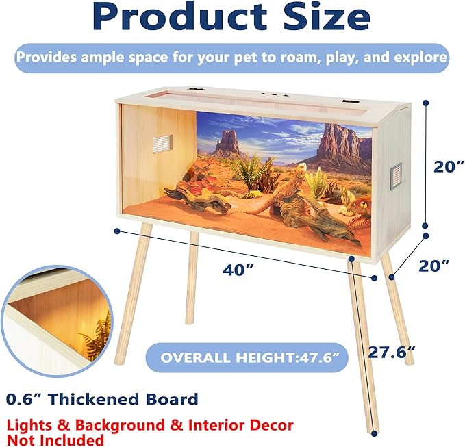 Prolee 63 Gallon Reptile Tank, Tempered Glass Bearded Dragon Tank with Wooden Roof and Lockable Doors, Large Lizard Habitat for with Built-in Lamp Fixture Snakes, Iguanas, Chameleons (Oak)
