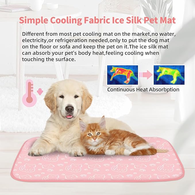 NWK Pet Cooling Mat -Q-Max>0.345 Ice Silk Cooling Mat for Dogs & Cats Portable & Washable Pet Cooling Blanket, Car Seats, Beds for Summer (Pink Cat, 20'' X 16'' X 0.3'')