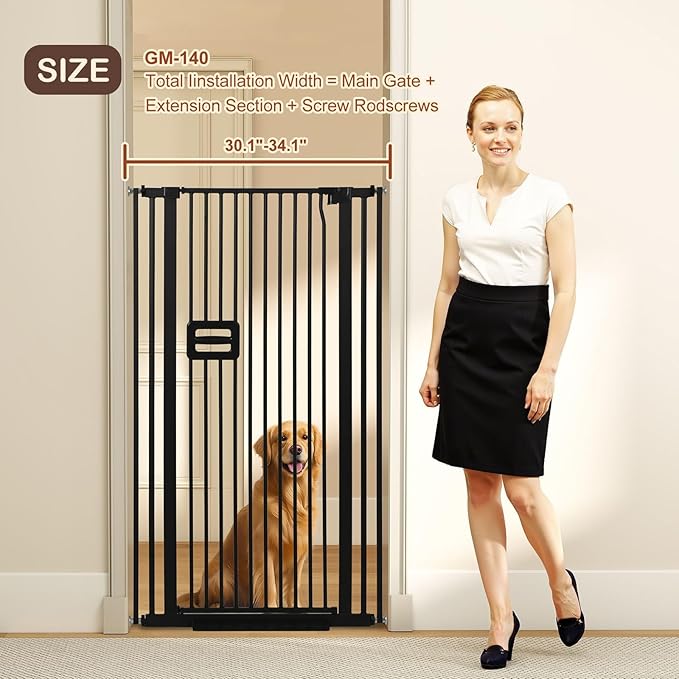 SMONTER 55" High Extra Tall Baby Gate, Safety Cat Gate for Doorways, Expands to 30.1"-34.1" Wide, Auto Close Dog Gate, No Drilling Pressure Mounted Cat Fence, Pet Gate Indoor for Stairs, Black