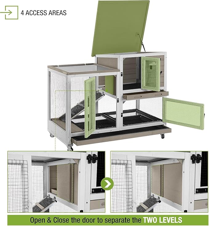 Indoor Outdoor Rabbit Hutch, Bunny Cage on Wheels with 2 Deep No Leakage Pull Out Trays (Mocha Color)