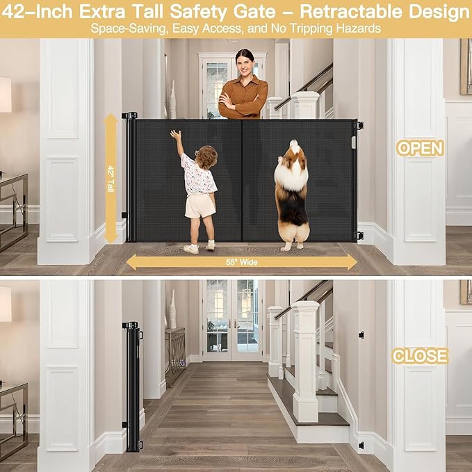 Reinforced 42" Extra Tall Pet Gate 55" Wide Retractable Baby Gate with Support Rods - Retractable Dog Gate Indoor/Outdoor Retractable Gate, Bottom Anti-Escape Tall Dog Gates for Doorways, Black