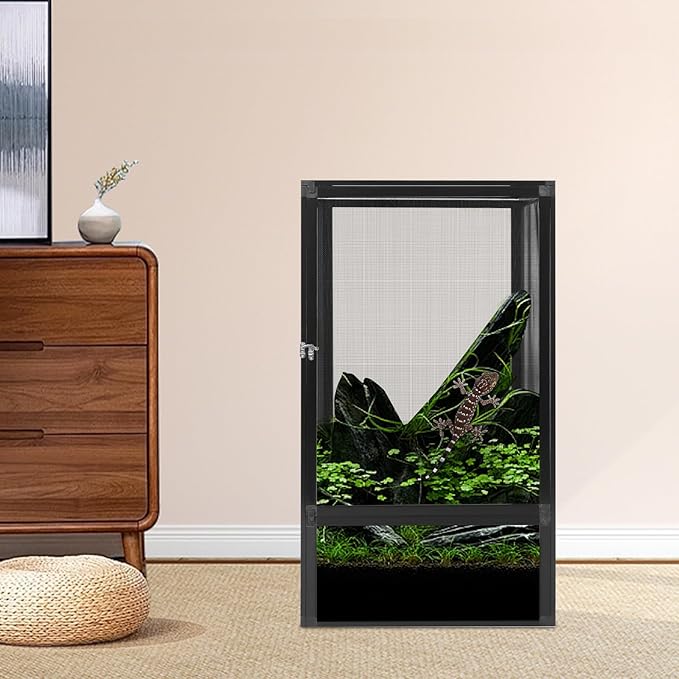 Reptile Terrarium Tall Reptile Tank Mesh Ventilation Durable Aluminum Frame Easy Assembly Micro Habitat Terrarium Enclosure for Chameleons Lizards/Iguanas Snakes Small Animals 17.7"x17.7"x31.5"