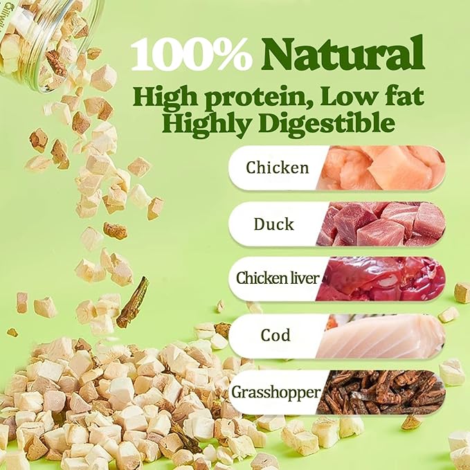 Turtle Food, 5 in 1 Meat Turtle Treats - Natural Freeze-Dried Chicken & Duck & Cod & Chicken Liver & Grasshopper - Human-Grade Real Meat - High Protein, 3oz