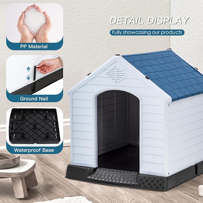 FDW 39-Inch Dog House Indoor Outdoor Durable Ventilate Waterproof Pet Plastic Dog House for Large Dogs Insulated Puppy Shelter Kennel Crate with Air Vents and Elevated Floor,Dark Black