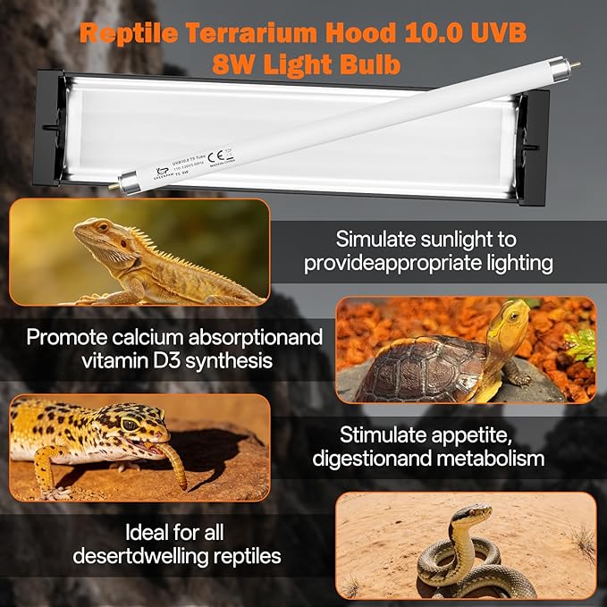 T5 UVB Reptile Light Fixture Combo Kit 8W: 10.0 HO UVB Light for Reptiles Terrarium Hood Comes with UVB Lamp, 12'' Linear UVB Light Bar for Desert Bearded Dragon,Turtle,Gecko - UV Sensor Test Card
