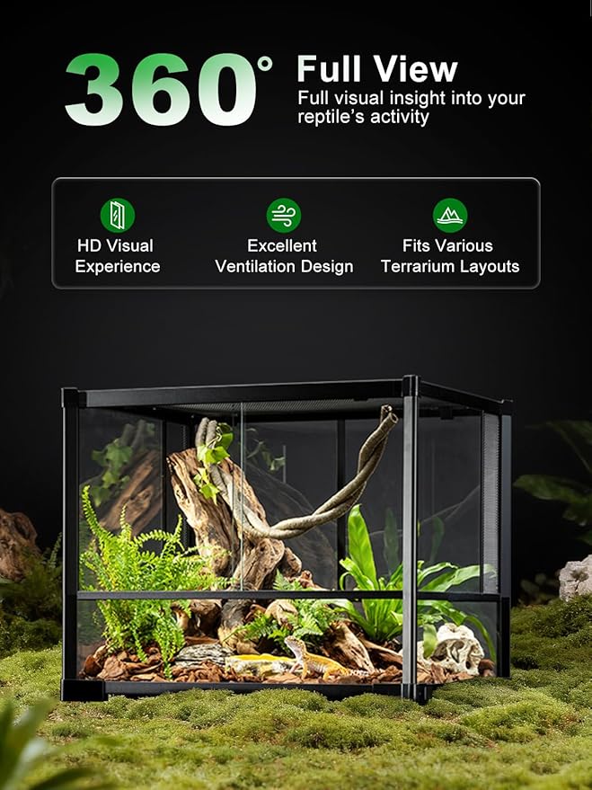 URUQ 35 Gallon Glass Reptile Terrarium, 23" x 18" x 19" Reptile Habitat Tank Front Opening Tank Sliding Door with Screen Ventilation, for Reptiles Amphibians, Bearded Dragon Gecko Lizard Snake