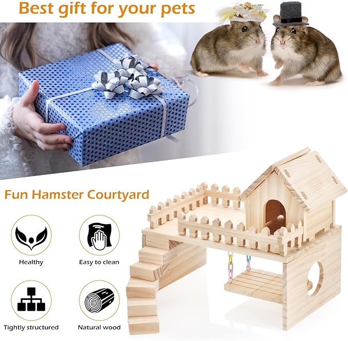 Wooden Hamster Hiding Place, Hamster Cabin with Ladder, Swing Platform Decoration, Detachable Small Animal cage Accessories, Suitable for mice, Sand Rats and Other Small Pets