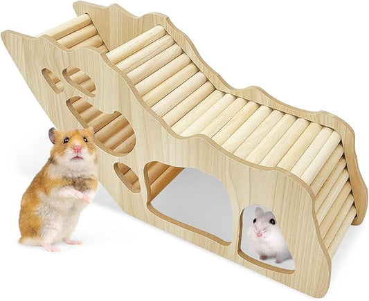 PINVNBY Hamster Climbing Ladder and Tunnel Hideout Wooden Hamster Climbing Toy Cage Decor Accessories for Gerbil Mice or Other Small Animals (Maze Tunnel)