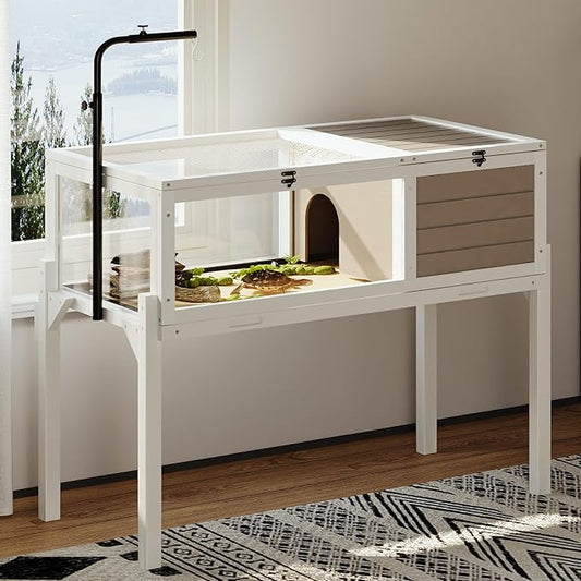 PRETZI Tortoise Habitat with Adjustable Lamp Holder, Turtle Enclosure Indoor/Outdoor, Wooden House for Small Animals, Large Reptile Terrarium Table with Detachable Legs (New White)