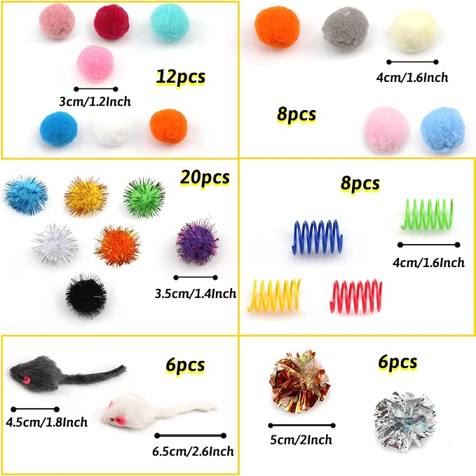 60 Pack Cat Toys - Assorted Kitten, Mouse, Crinkle & Pom Pom Balls - Image 2