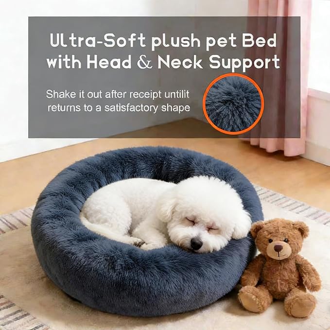 Comfort Donut Dog Bed for Small Dogs, Cat Bed & Pet Bed for Indoor Use, Medium Size with Soft Plush, Round Dog Beds for Large Dogs and Cats (Gray, 20''Lx20''Wx8''Th)