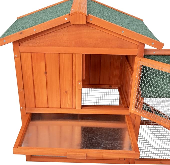 61” Large Rabbit Hutch with Outdoor Run, 2 Layer A-Frame Bunny Cage for Garden, Wooden Small Animal House with Removable Tray & Waterproof Roof