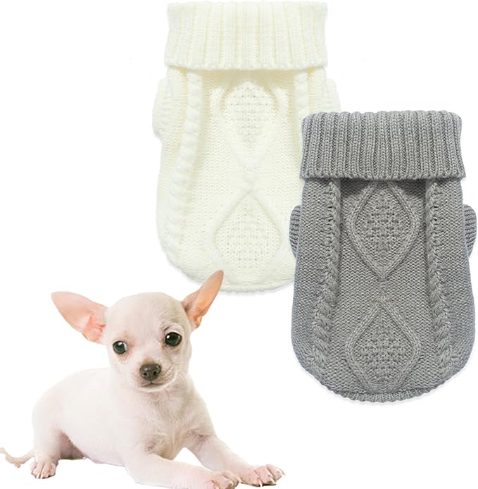 2 Pack Turtleneck Puppy Sweaters Warm Knitted Dog Sweaters for Small Dogs Girl Boy Teacup and Cats Pet Clothes Doggie Apparel Outfits, Grey White, Small(4~6.5lbs)