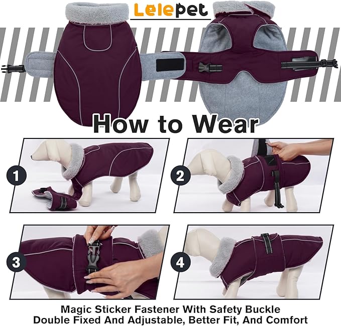 Lelepet Warm Dog Coat Waterproof Dog Jacket for Extra Large Dogs Reflective Fleece Vest with Adjustable Buckle Hook & Loop Windproof Cold Weather Coats for Small Medium Large Dogs, Dark Purple, XXXL