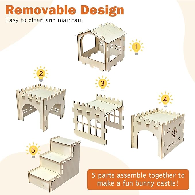 PINVNBY Extra Large Bunny Castles Hideout, Wooden Rabbit House Hide Climbing Detachable Indoor Wooden Hideaway Castle Tower Tunnel for Small Animal Rabbit Bunny Guinea Pig Hamster Chinchilla Ferret