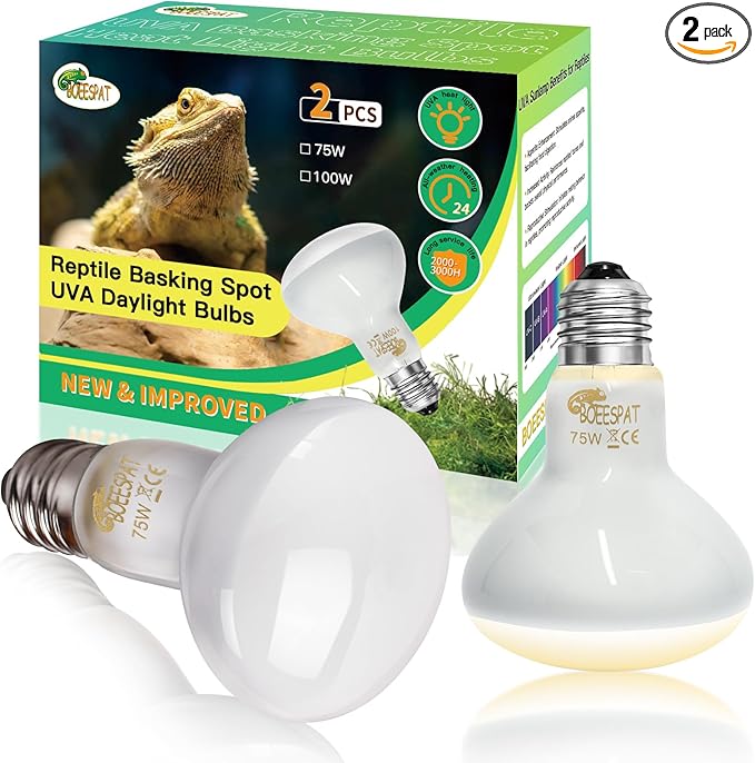 Pack of 2 Reptile Basking Light Bulbs - Incandescent 75W Simulated Sunlight UVA Heat Bulbs for Bearded Dragons, Geckos, Iguanas, Lizards, Amphibians & Small Pets