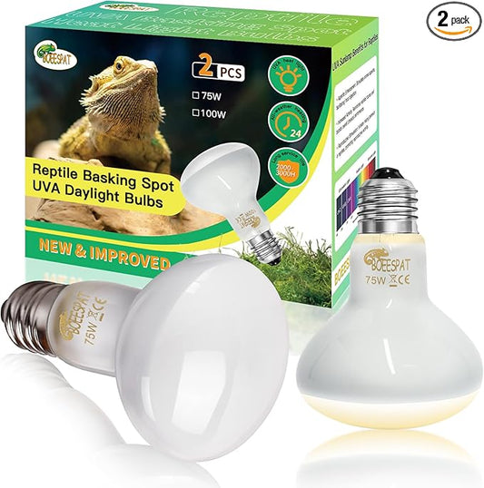 Pack of 2 Reptile Basking Light Bulbs - Incandescent 75W Simulated Sunlight UVA Heat Bulbs for Bearded Dragons, Geckos, Iguanas, Lizards, Amphibians & Small Pets