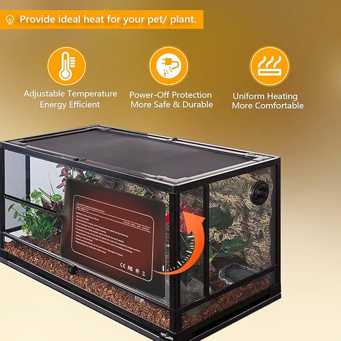 Reptile Heating Pad with Temperature Adjustment, FIPASEN 8x12 Inch Under Tank Heat Pad for Reptiles/Tortoise/Snakes/Lizard/Gecko/Hermit Crab/Frog/Spider/Insect Breeding -Upgraded Terrarium Heating Pad