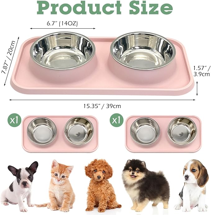 BNOSDM 2 Pcs Double Dog Food Bowls, Stainless Steel Small Dog Food and Water Bowls with Non-Spill Plastic Mat, Pet Cat Feeder Dish Set for Puppy Cats Kitten, Pink