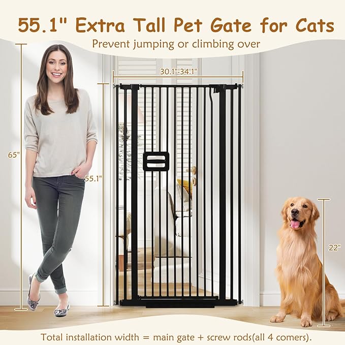 55'' Extra Tall Cat Gate, 30.1"-34.1" Wide Auto Close Tall Pet Gate for Doorways, Pressure Mounted High Dog Door Gate No Drilling Cat Fence Safety Baby Gate for Stairs, Doorways, Black