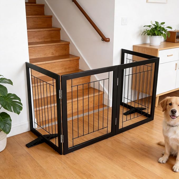 ZJSF Freestanding Dog Gate Indoor, Foldable Dog Fence for Doorways,Hallways or Stairs, Sturdy Wood Extra Wide Pet Gate with Support Feet,Black,24 "Height-6 Panels