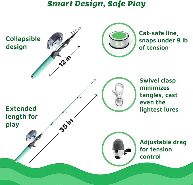 Meowy Cat Wand Toy – Cat Fishing Pole Toy with Reel The Cat Fish Fishing Rod, Telescopic Fiberglass Interactive Teaser Wand for Indoor Cats with Catnip Dental Mesh Attachments - Image 4