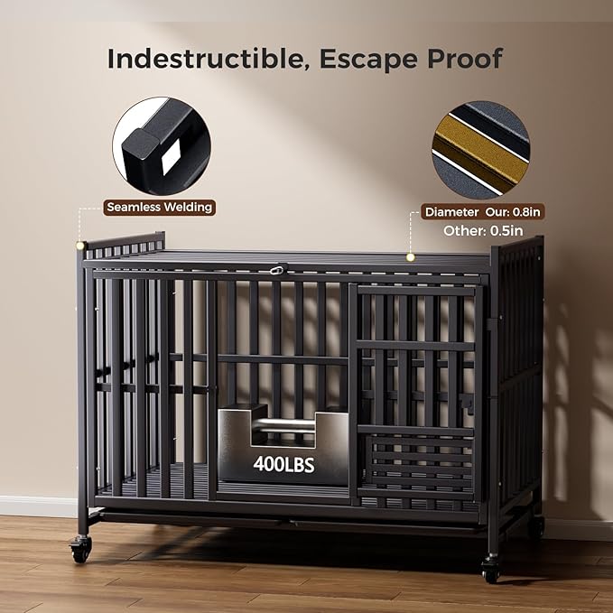 Heavy Duty Dog Crate, Escape-Proof Indestructible Cage for High-Anxiety Dogs, 3-Door Kennel with 4 Lockable Wheels and 2 Removable Trays Ideal for Large & Medium Breeds (49in)