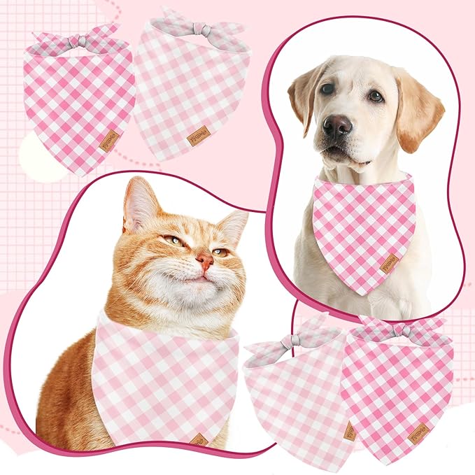 FYSUIMU 2Pcs Spring Summer Pink Plaid Dog Bandanas Valentine's Triangle Pet Scarf Adjustable Puppy Neckerchief Dog Bib for Medium Large Cat Costume Accessories