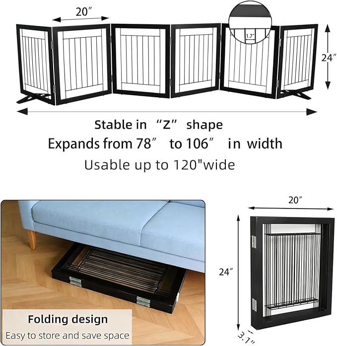 ZJSF Freestanding Dog Gate Indoor, Foldable Dog Fence for Doorways,Hallways or Stairs, Sturdy Wood Extra Wide Pet Gate with Support Feet,Black,24 "Height-6 Panels