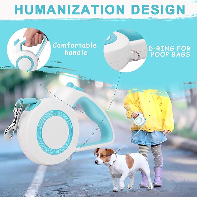 enrgticdg 16Ft Retractable Dog Leash,Night Reflection,Light Weight Leash for Small to Medium Dogs/Cats,Stainless SteelSpring,Strong Nylon Tape,One-Handed Brake(Blue-White)