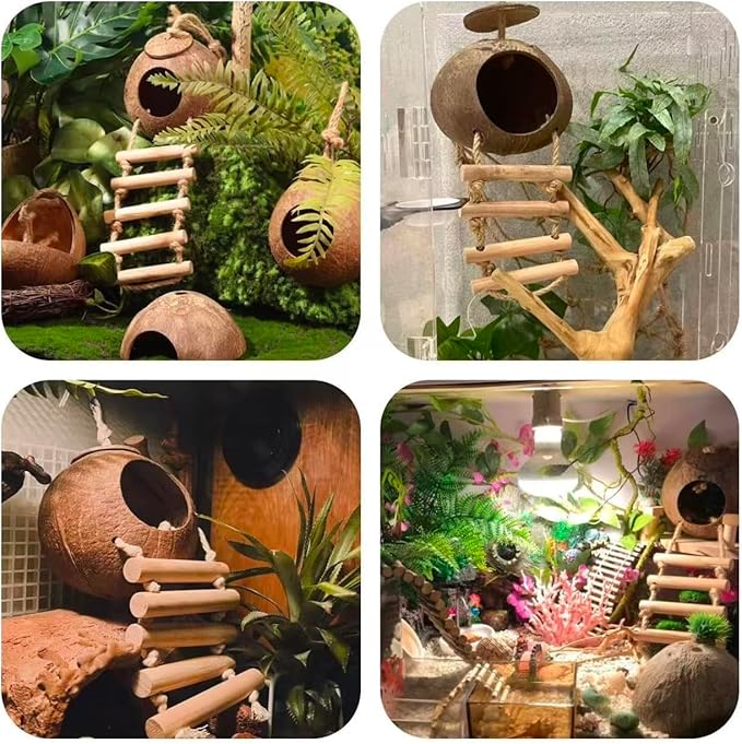 Leopard Gecko Tank Accessories. Reptile Hammock Vines Plants with Coconut Shell Ladder Hideout Hermit Crab Decor for Bearded Dragon Lizard Chameleon Crested Gecko Tortoise Snake