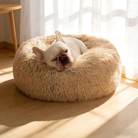 SAVFOX 23 inches Calming Donut Dog Bed - 3X Durable Plush Faux Fur, Machine Washable & Non-Slip, Fits up to 25 lbs, Beige