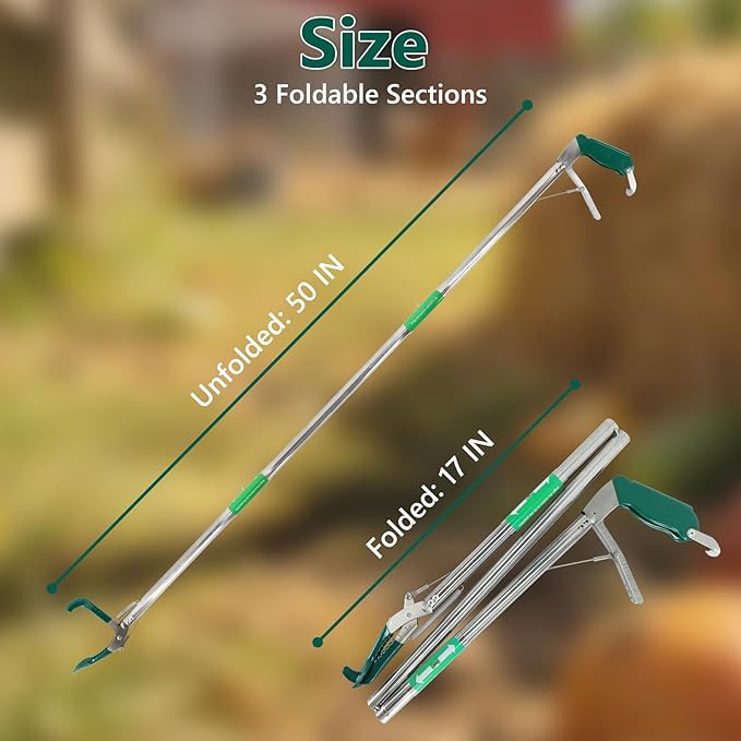 50 Inch Collapsible Snake Tongs, Heavy Duty Rust Proof Stainless Steel Snake Grabber Tool with Non-Slip Rubber Coated Jaw & Handle, 3-Section Folding Reptile Catcher for Catching & Wildlife Handling