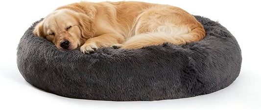 SAVFOX 36 inches Calming Donut Dog Bed - 3X Durable Plush Faux Fur, Machine Washable & Non-Slip, Fits up to 100 lbs, Dark Grey