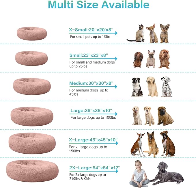 SAVFOX 54 inches Calming Donut Dog Bed - 3X Durable Plush Faux Fur, Machine Washable & Non-Slip, Fits up to 210 lbs, Removable Cover, Pink