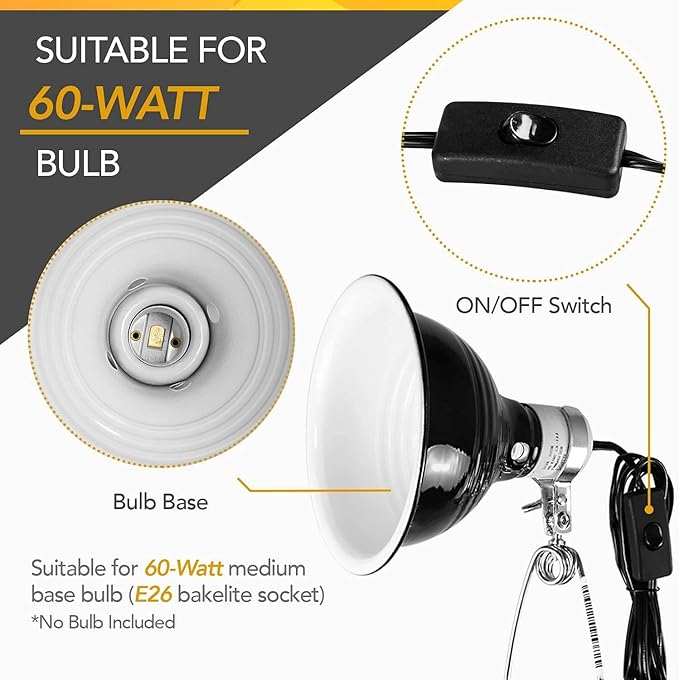 Simple Deluxe 5.5 Inch Reptile Dome Clamp Light Fixture with Aluminum Reflector for Reptile Glass Tank, 60W Ceramic Lamp Cap, Without Bulb, Black