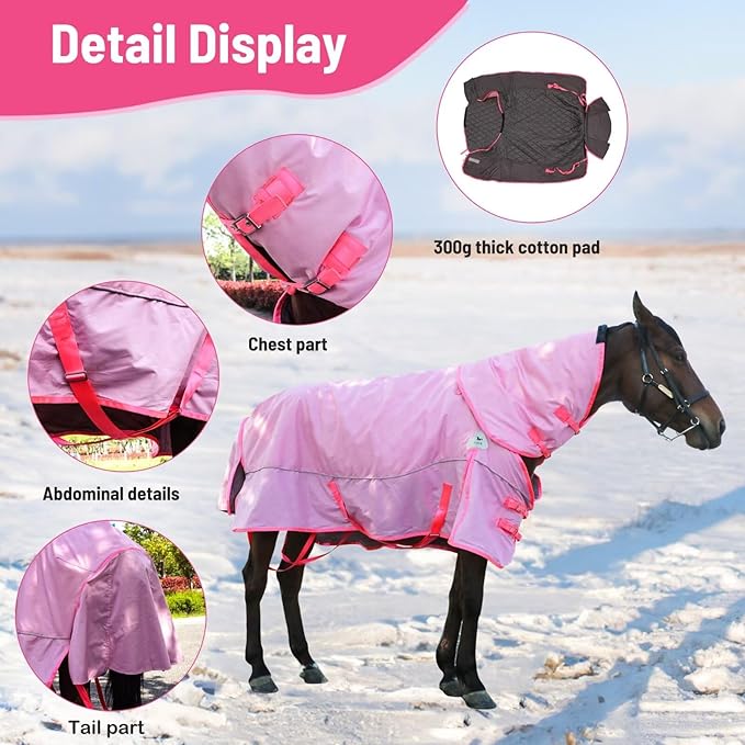Turnout Blanket for Horses, Waterproof Thickened Horse Sheet with Detachable Neck Cover,1600D Nylon Outer, 400g Heavy Weight Filling (Pink, US 72IN(EU 135cm))