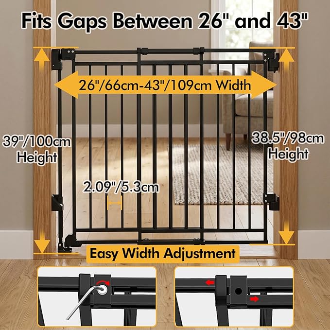 Extra Tall Baby Gate for Stairs Doorways & Kitchen, 26.4"-43" W x 39" H, No Bottom Bar Dog Gate, One-Handed Auto-Close, Hardware Mount Safety Gate for Dogs & Toddlers, Black