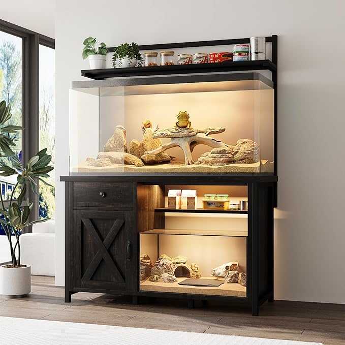 Reptile Tank Stand with Power Outlet, Terrarium Stand with Storage Cabinet, 49" X 20" Tabletop, Aquarium Stand with LED Lights, Reptile Terrarium,Turtle Tank (Oak)