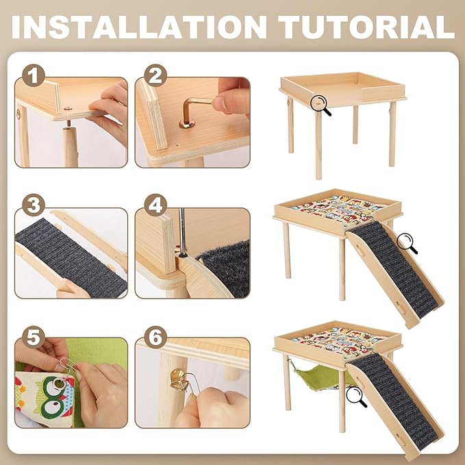 Guinea Pig Hammock with Ramp, Wooden Guinea Pig Hideout Toys with Platform, Guinea Accessories Castle with Soft Mat & Stairs for Cage Small Animals Hamsters Chinchilla Hedgehog Rat Ferret Bunny