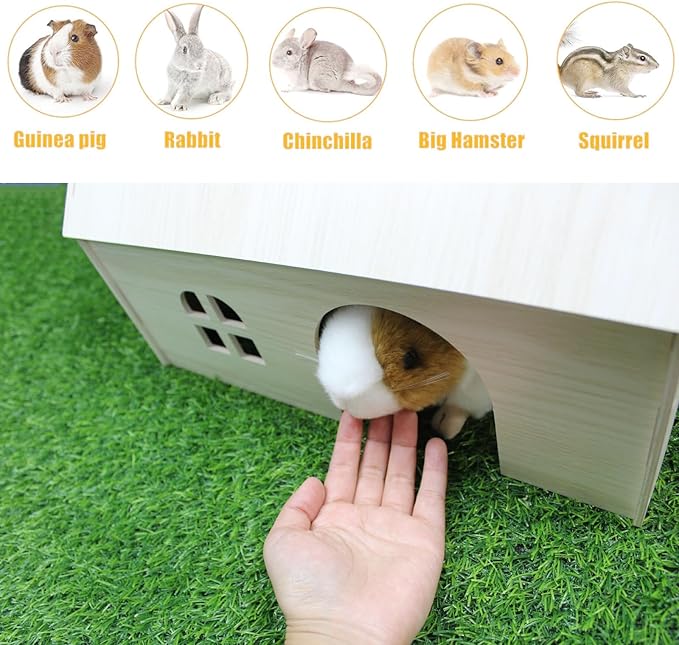 Amonk Guinea Pig Hideout 15x9x10 inch Large Size Wooden House with Window and Roof Wood Hut Habitats Decor for Bunny, Chinchillas, Dwarf Rabbits, Hamsters, and Other Small Pet Animals