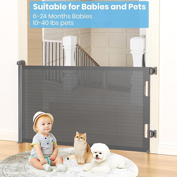 HAMOPY Retractable Baby Gate, 33" Tall, Extends up to 55" Wide, Durable Auto-Lock Baby Gate for Stairs, Mesh Dog Gate and Child Safety Gates for Doorways, Hallways, Indoor, Outdoor(Grey)
