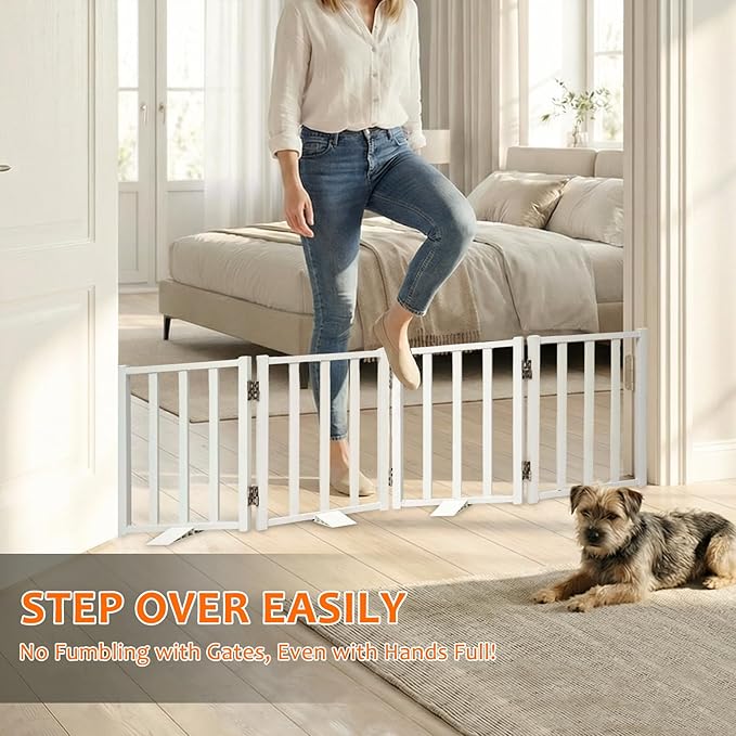 Snagle Paw Short Dog Gate,16.5" Tall Freestanding Metal Dog Gate Only for Small Dogs with Support Feet Easily Step Over,Up to 48" Wide Puppy Gate Indoor for Stairs,Doorways(White,4 Panel)