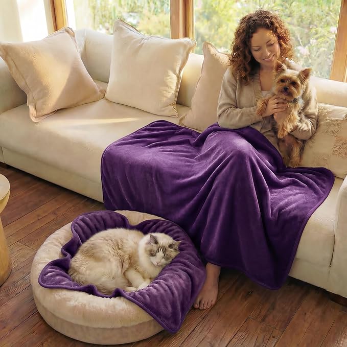 Luciphia Waterproof Blanket for Dog Washable Reversible Sherpa Fleece Throw Blanket for Bed Couch Soft Liquid Pee Proof Furniture Cover Protector for Small Medium Large Pet Cat Purple 65" x 57"