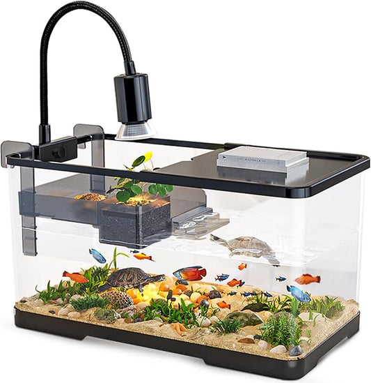 (Tank + Light + Filter + Filter Balls) Turtle Tank Kit, Turtle Tank Starter Kit,Bottom Drainage, Multi-Function Areas for Turtles, Crabs,Fishes, Amphibians,Reptiles. (15.75 x 8.64 x 8.64 Inch)