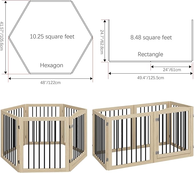 Vantas Folding Pet Gate 144" Wide, 30" Tall No-Assembly Wooden Dog Gate with Door Walk Through, Freestanding Puppy Safety Fence, 2PCS Support - Natural White