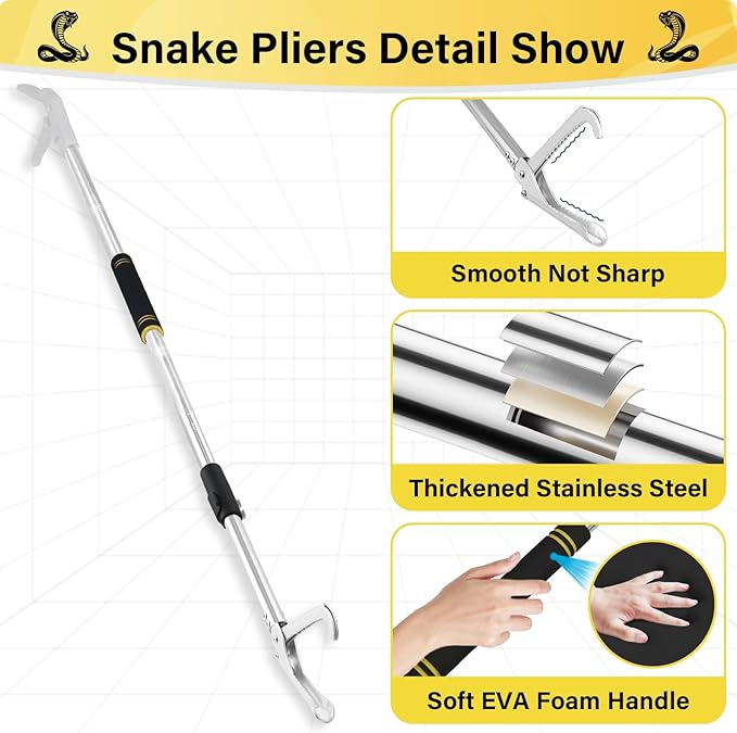 Snake Grabber Tool, 69" Snake Tongs Grabber for Rattlesnake Heavy Duty Professional Folding Snake Feeding Tongs Wide Jaw Snake Handling Tool Long Hndle Stainless Steel Tube Sponge Handle