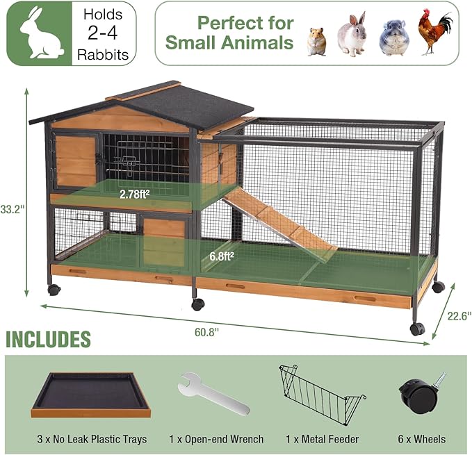 Large Rabbit Hutch Indoor Outdoor, Wooden Bunny Cage with Metal Frame, Chew-Proof Ramp, 3 Leakproof Pull-Out Trays, Rolling Wheels with Locks, Multi-Door Easy Access Small Animal Cage